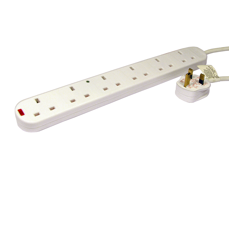 6 way mains extension with surge protection 2 metre